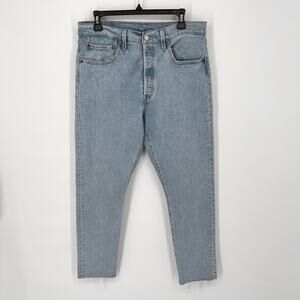 Levi's 501 S Mens Button Fly Tapered Leg Jeans Size 32 Raw Hem Light Blue Wash